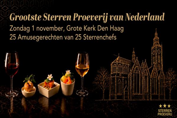 Bezoekers genieten van gerechten van sterrenchefs tijdens het SterrenPreuvenement in de Grote Kerk Den Haag