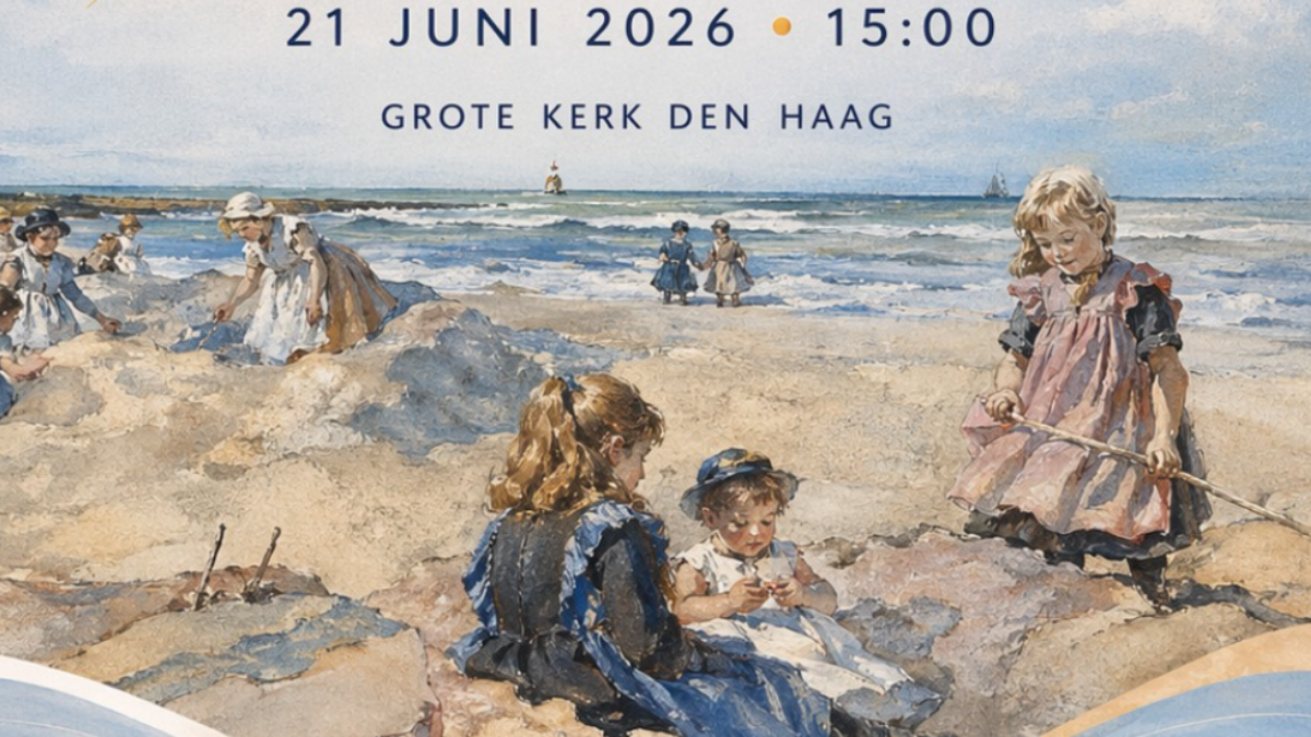 Poster van Midzomerconcert met het Bataafs Symfonieorkest in Den Haag met zomers strandtafereel en muziek van Dvořák en Gershwin