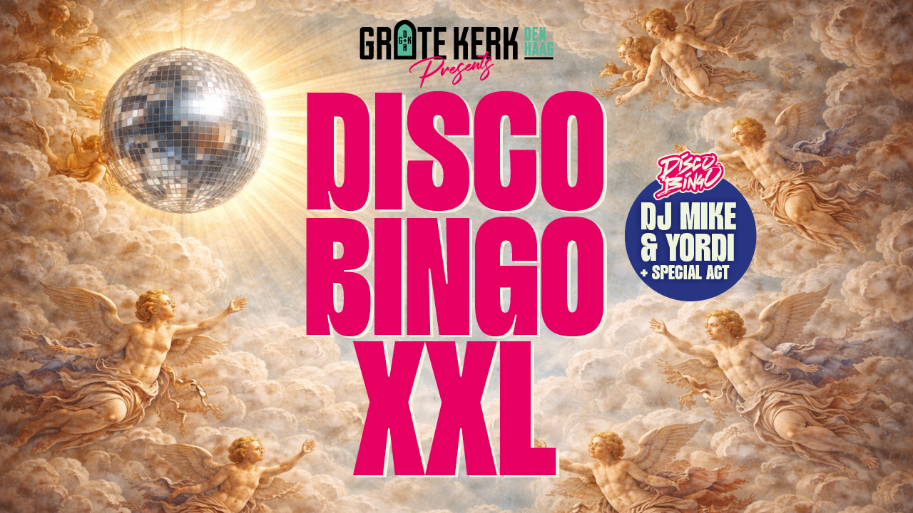 Bezoekers tijdens Disco Bingo XXL met confetti, dansende mensen en feestverlichting in de Grote Kerk Den Haag